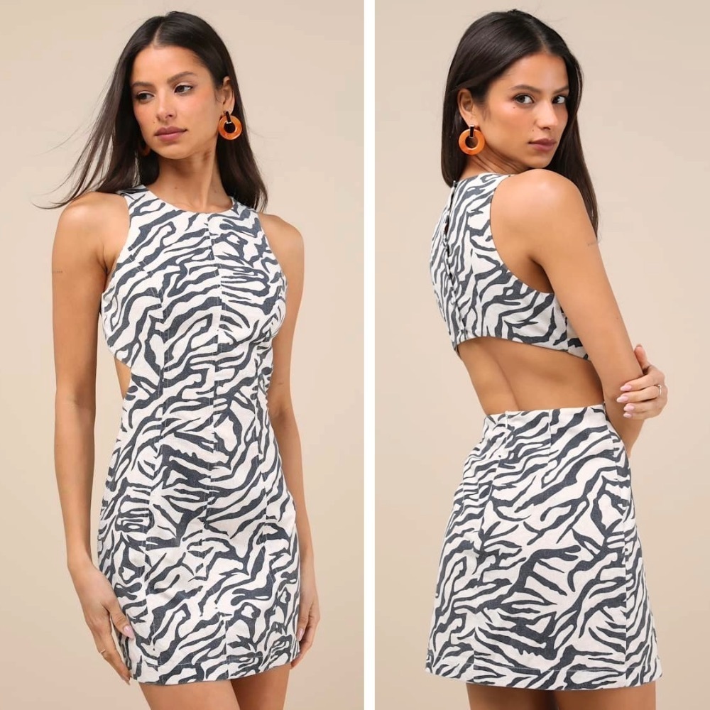 NEW Lulus Alouette Beige and Black Zebra Print Linen
Cutout Mini Dress, Medium